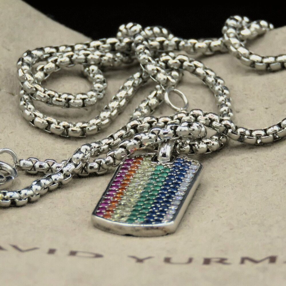 David Yurman Unisex 27mm Streamline Rainbow Dog Tag Pendant w/ 22" DY chain